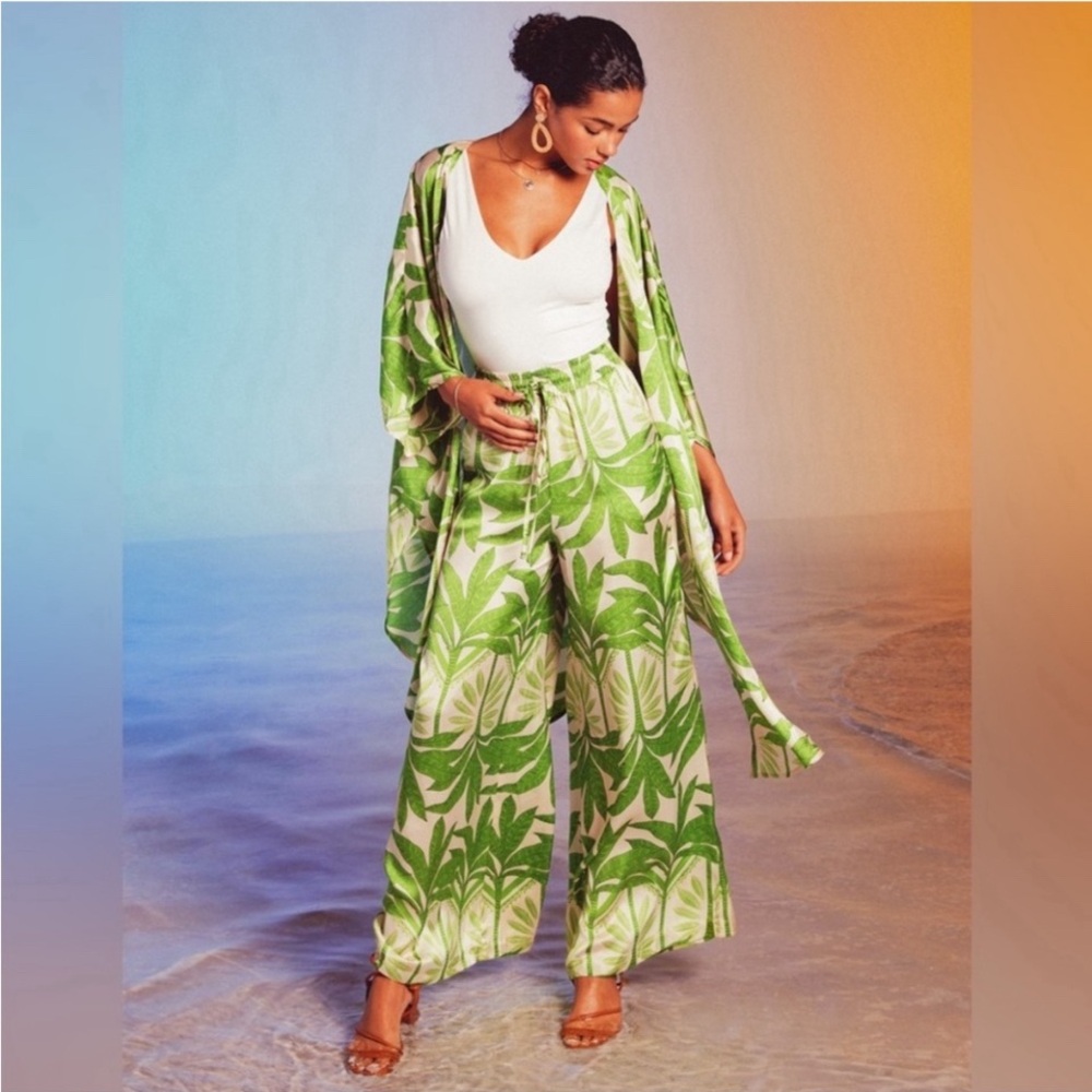 Wide-Leg Tropical Leaf Print Pants - Green